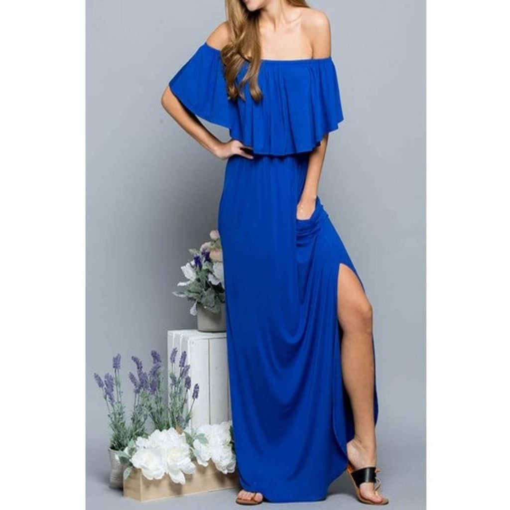  royal blue off-the-shoulder maxi dress 